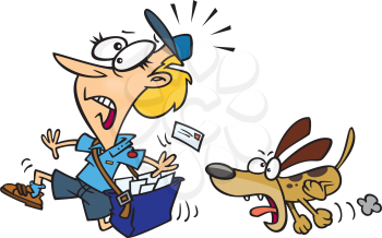 Royalty Free Clipart Image of a Dog Chasing Mail Carrier