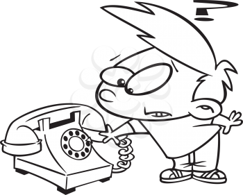 Royalty Free Clipart Image of a Modern Child Trying to Figure Out a Dial Phone