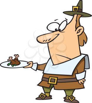 Royalty Free Clipart Image of a Pilgrim With a Tiny Turkey on a Plate