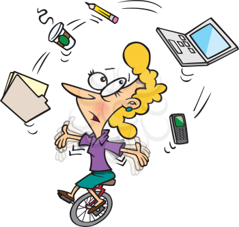 Royalty Free Clipart Image of a Woman Juggling Office Supplies