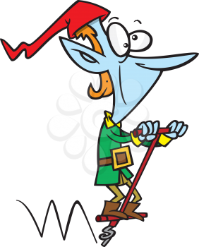 Royalty Free Clipart Image of an Elf on a Pogo Stick