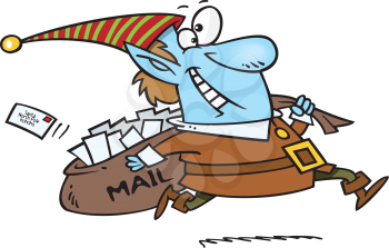 Royalty Free Clipart Image of an Elf Running With Santa's Mail