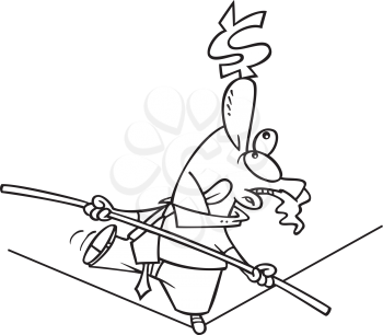 Royalty Free Clipart Image of a Guy Walking a Tightrope With a Dollar Sign Balanced on His Nose