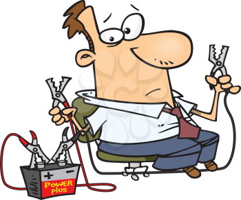 Royalty Free Clipart Image of a Man With Battery Cables