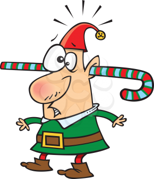 Royalty Free Clipart Image of an Elf With a Candy Cane Through His Ears