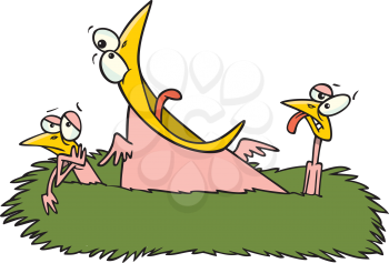 Royalty Free Clipart Image of a Big Bird Singing Louder Than Two Small Birds in a Nest