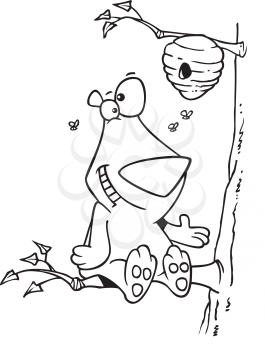 Royalty Free Clipart Image of a Bear in a Tree Beside a Beehive