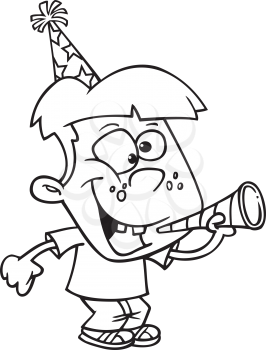 Royalty Free Clipart Image of a Kid in a Party Hat With a Noise Maker