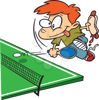 Royalty Free Clipart Image of a Boy Playing Ping Pong and Eating a Hog Dog