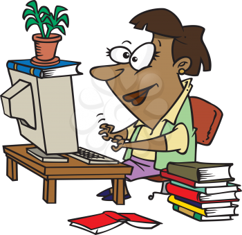 Royalty Free Clipart Image of an African American Woman With Books Typing at a Computer