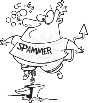 Royalty Free Clipart Image of a Man With Spammer on His Shirt Chained to a Weight Underwater