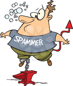 Royalty Free Clipart Image of a Man With Spammer on His Shirt Chained to a Weight Underwater