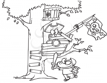 Royalty Free Clipart Image of a Child Playing Pirate in a Treehouse