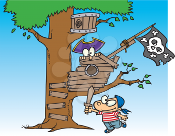 Royalty Free Clipart Image of a Child Playing Pirate in a Treehouse