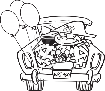 Royalty Free Clipart Image of a Kid in a Pirate Costume in a Trunk With Jack-o-Lanterns