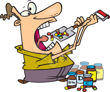 Royalty Free Clipart Image of a Guy Taking Lots of Vitamin Pills