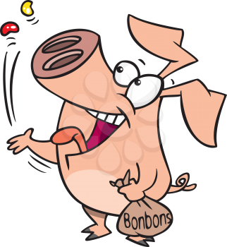 Royalty Free Clipart Image of a Pig Eating Candy