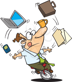 Royalty Free Clipart Image of a Guy Juggling Many Office Things While Riding a Unicycle