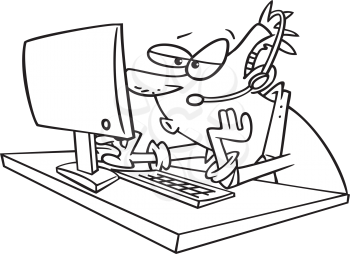 Royalty Free Clipart Image of a Guy at a Computer Whistling
