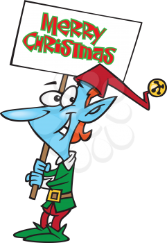 Royalty Free Clipart Image of an Elf Holding a Sign