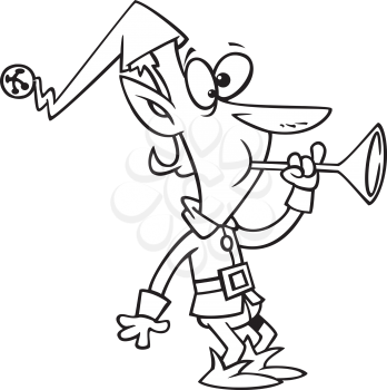 Royalty Free Clipart Image of an Elf Playing the Horn