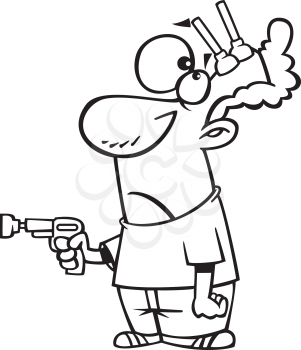Royalty Free Clipart Image of a Man With a Toy Gun and Darts Stuck to His Head