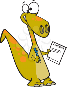 Royalty Free Clipart Image of a Dinosaur Signing a Contract