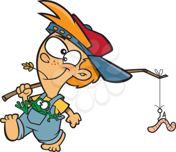 Royalty Free Clipart Image of a Boy With a Worm on a Hook
