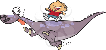 Royalty Free Clipart Image of a Boy Riding a Dinosaur