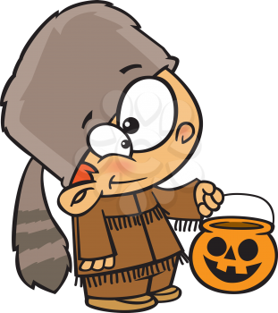 Royalty Free Clipart Image of a Boy Dressed as Davy Crockett Holding Halloween Treats