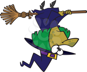 Royalty Free Clipart Image of a Witch Flying her Broomstick Upside Down