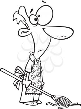 Royalty Free Clipart Image of a Man Wearing an Apron Holding a Mop