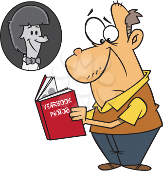 Royalty Free Clipart Image of a Man Looking at a Yearbook Photo
