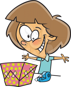Royalty Free Clipart Image of a Girl Wrapping a Present