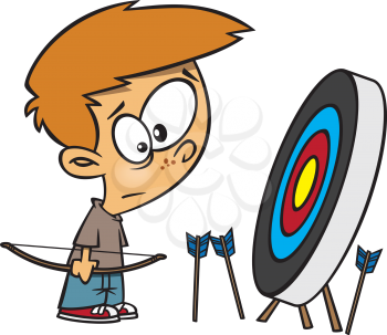 Royalty Free Clipart Image of a Boy With a Bow and Arrows Looking at a Target