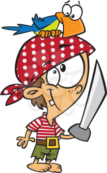 Royalty Free Clipart Image of a Child Dressed as a Pirate Looking at a Parrot on His Head