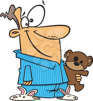 Royalty Free Clipart Image of a Man Wearing Bunny Slippers and Holding a Teddy Bear