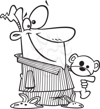 Royalty Free Clipart Image of a Man in Bunny Slippers Holding a Teddy Bear