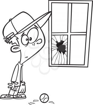 Royalty Free Clipart Image of a Boy Looking at a Broken Window