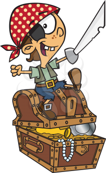 Royalty Free Clipart Image of a Little Pirate With Treasure