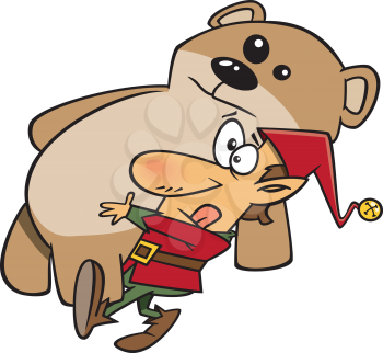 Royalty Free Clipart Image of an Elf Carrying a Teddy Bear