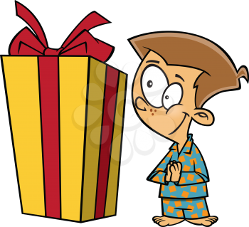 Royalty Free Clipart Image of a Boy Looking at a Big Gift