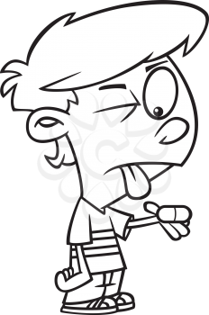 Royalty Free Clipart Image of a Boy Making a Face While Holding a Pill