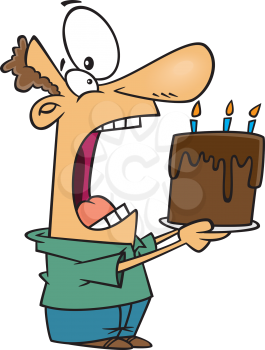 Royalty Free Clipart Image of a Man About to Eat a Whole Cake