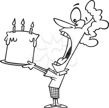 Royalty Free Clipart Image of a Woman Taking a Big Bite of a Birthday Cake