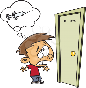 Royalty Free Clipart Image of a Boy Afraid to go into Doctor's Office.