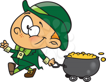 Royalty Free Clipart Image of a Leprechaun Pulling a Wagon of Gold