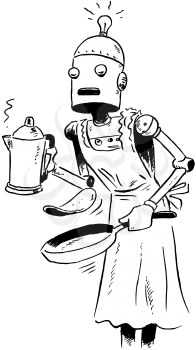 Royalty Free Clipart Image of a Robot Serving Breakfast