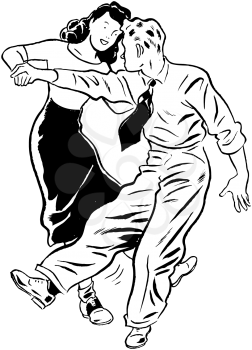 Royalty Free Clipart Image of a Brunette Girl and a Blond Boy Dancing