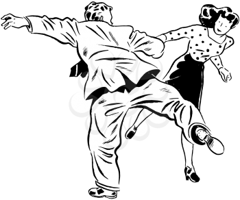 Royalty Free Clipart Image of a Girl in a Polkadot Top and a Man in a Suit Shaking a Leg